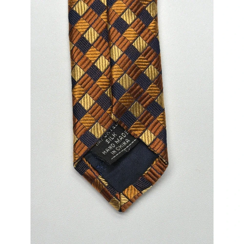 Paul Fredrick Mens Silk Tie Gold Copper Navy‎ Geometric Check Woven Hand Made